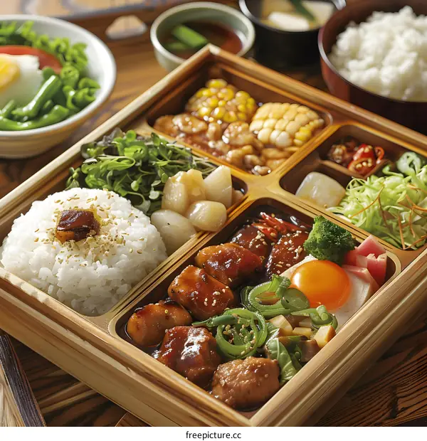 A delicious and healthy Japanese bento box with chicken teriyaki, rice, vegetables, and salad