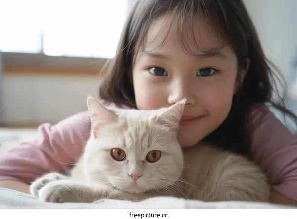 A cute Asian girl hugging a British shorthair cat