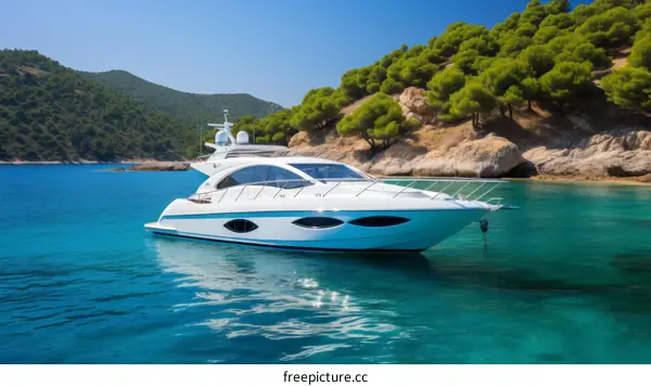White yacht on calm sea near green rocky island