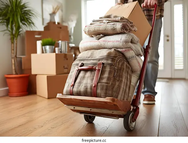 Moving Day with Man Pushing Hand Truck Full of Boxes and Belongings