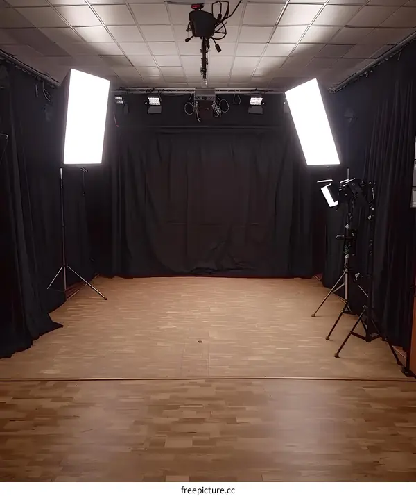 Studio Setup with Lighting Equipment and Black Backdrop