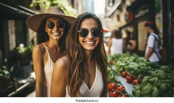 Two young women at a market smiling