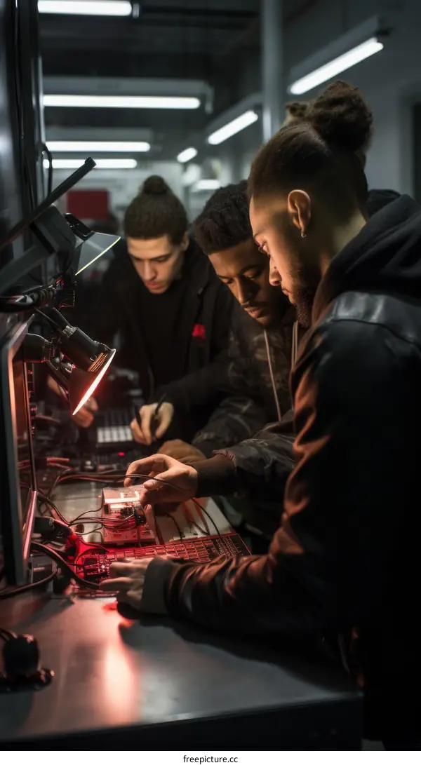 Three young men working on electronic music production in a studio