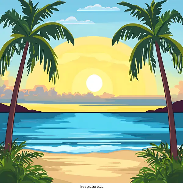 Tropical Beach Sunset Landscape Illustration