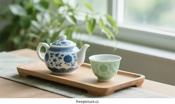 A blue and white teapot with matching cup on wooden tray