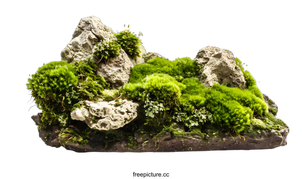 [Transparent Background PNG]Green Moss and Rock Formation on White Background