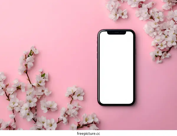 White Flowers and Smartphone on Pink Background