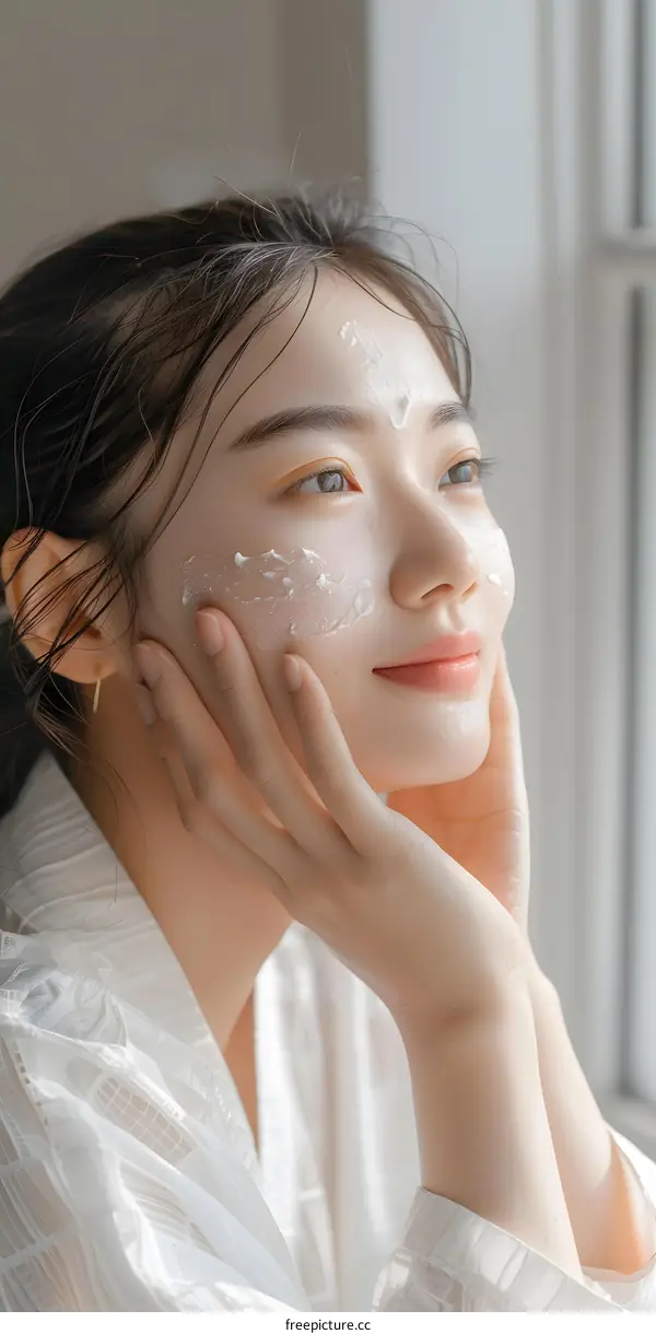Beautiful Asian Woman Applying Face Cream