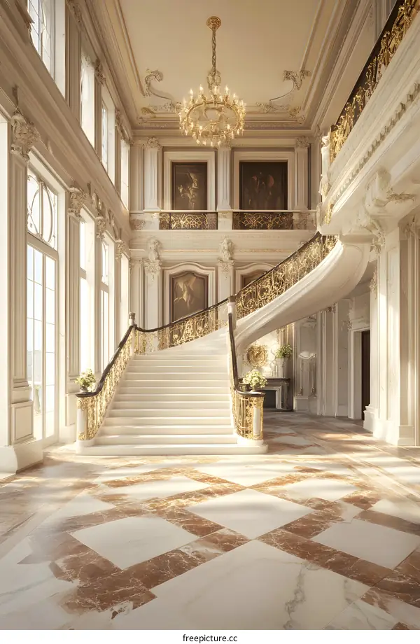 Grand Staircase Interior Design With White Marble and Golden Railings