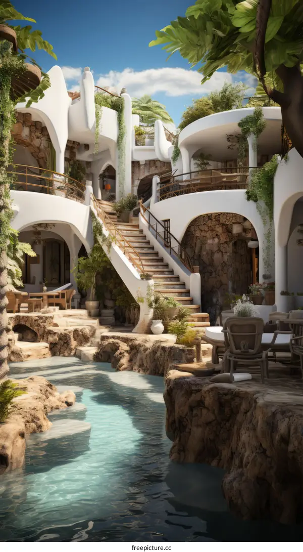 stairs in a mediterranean villa with a river flowing through it