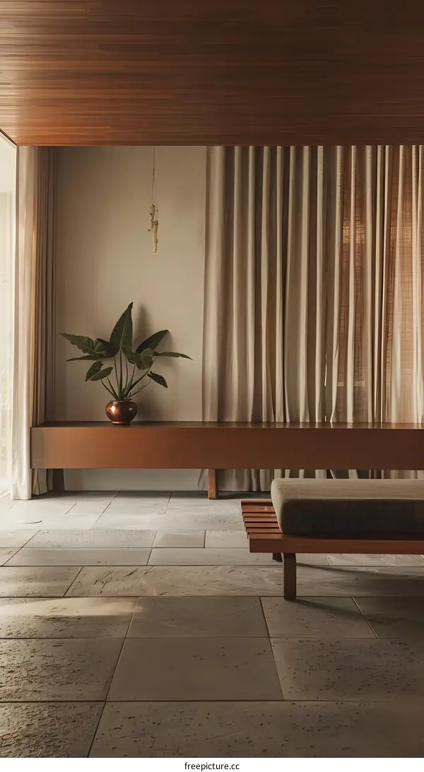 Minimalist Living Room with Wooden Ceiling and Natural Light