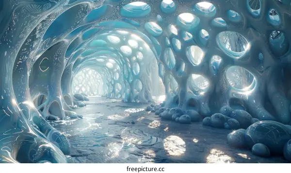 Blue ice cave with a river flowing through it