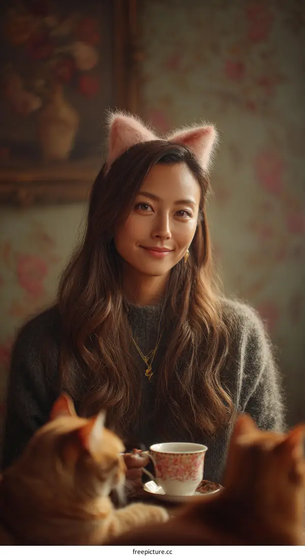 Woman with Cat Ear Headband and Cats