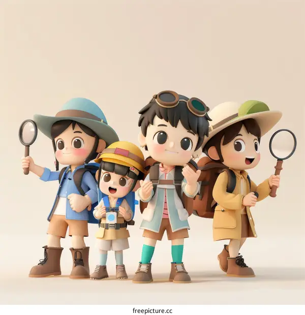 Four cheerful kids in safari outfits are ready to explore the wilderness