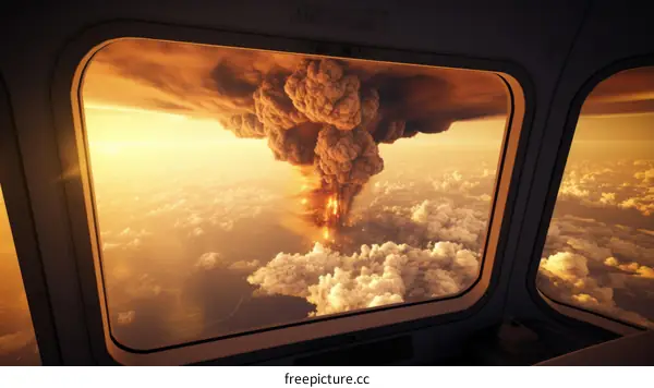 Volcanic eruption seen from airplane window