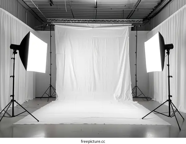 A photo studio with a white backdrop and lighting equipment