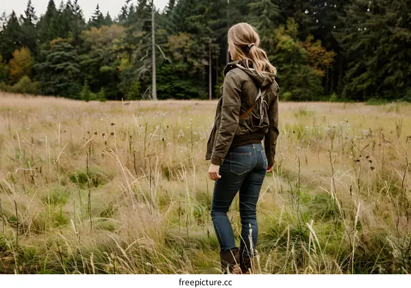 Woman in a Field of Tall Grass Looking at the Forest