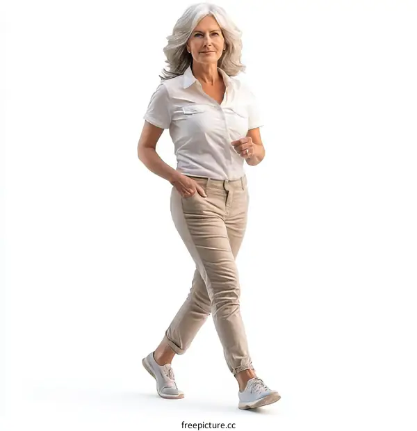 Mature Woman Walking in Casual Outfit