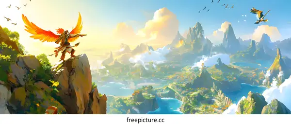 Fantasy Landscape With Winged Warrior Looking Over a City