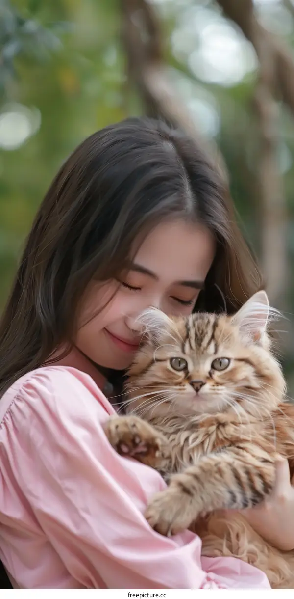 A young woman is hugging a cat