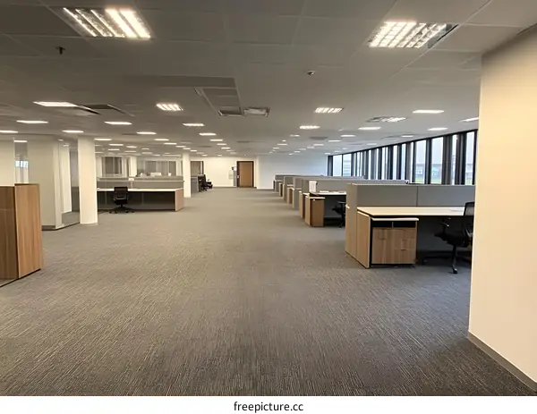 Empty Modern Office Space with Grey Carpet and Wooden Desks
