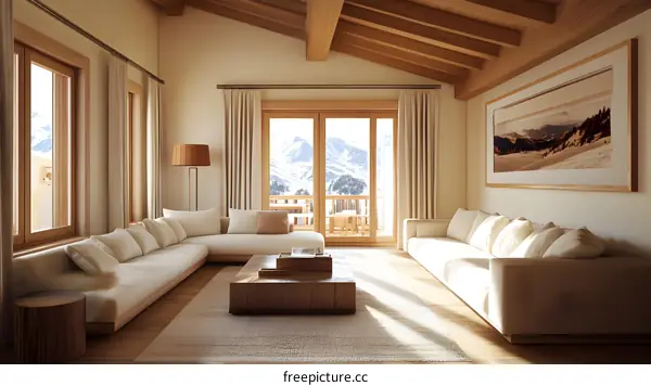 Modern Living Room Interior Design With Wooden Beams And Mountain View