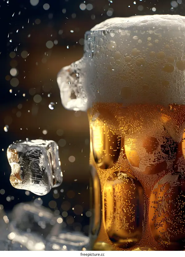 Close Up of a Glass of Cold Beer with Ice