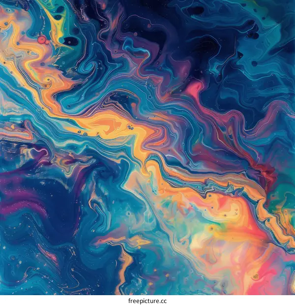 Colorful abstract painting with vibrant swirls of blue, orange, purple, and yellow