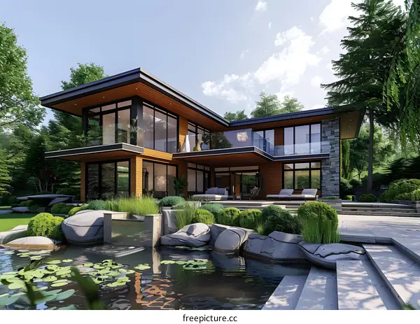 Modern House with Backyard Pond and Stone Waterfall