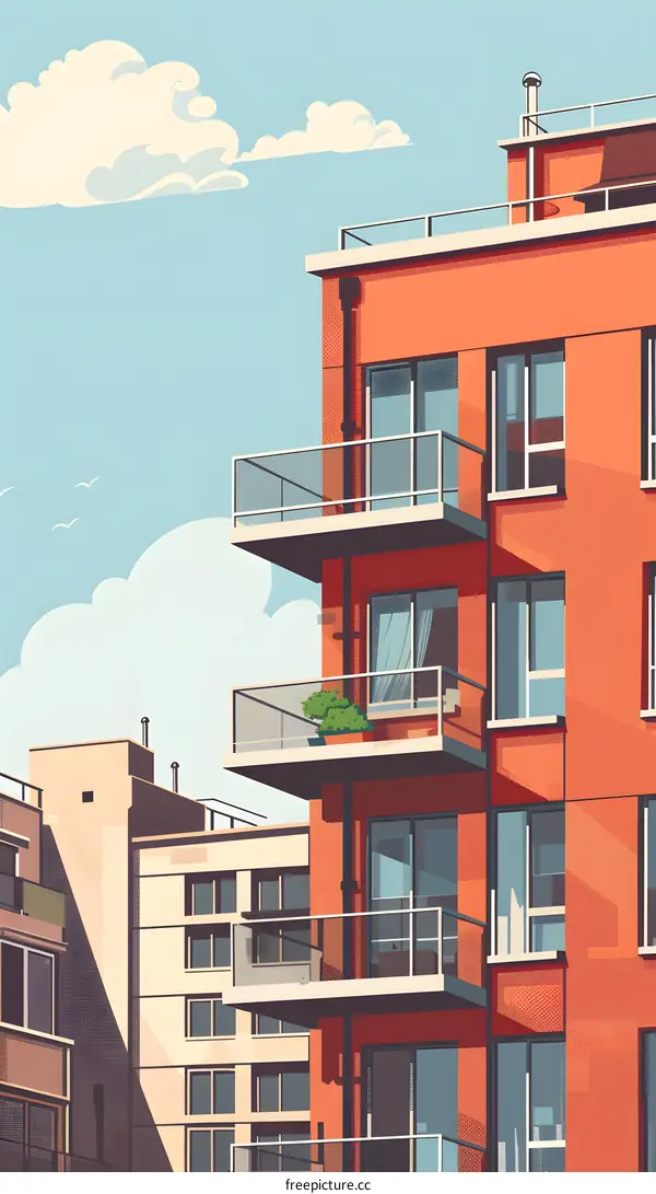 Modern Architecture Building Illustration With Balcony And Clouds