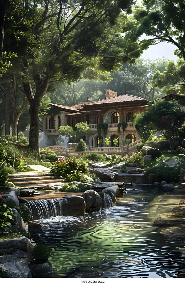 A luxurious mansion in the middle of a forest