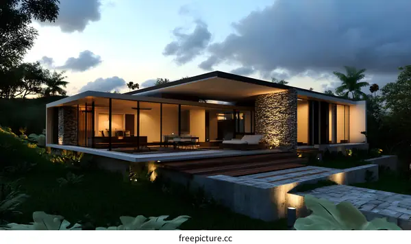 Modern House With Stone Wall and Wooden Deck