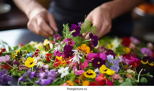 Chef carefully arranging edible flowers on a plate
