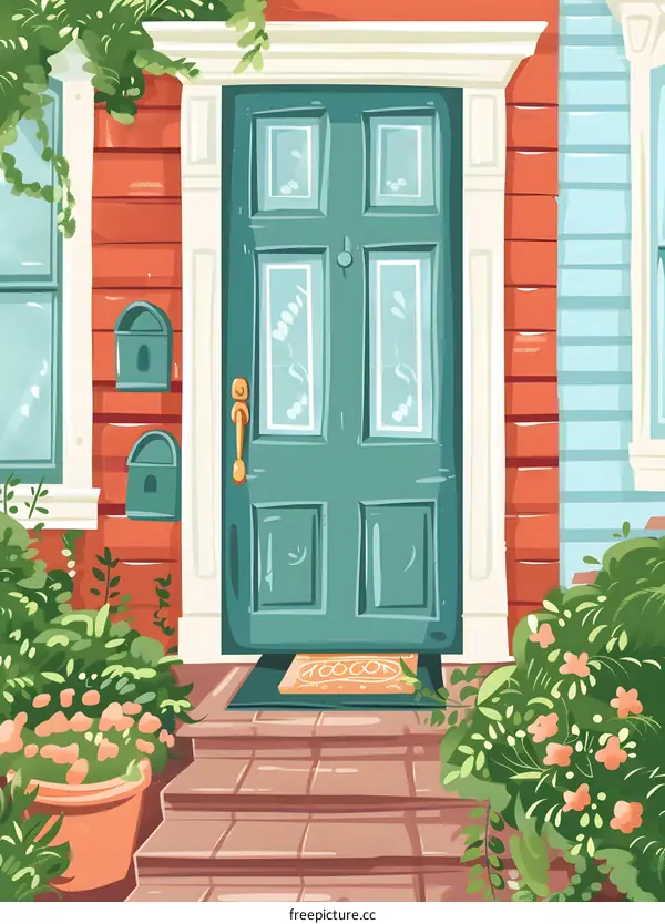 Front Door of House with Green Door and Welcome Mat
