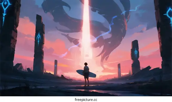 Mysterious Dragon Figure Above Ancient Pillars at Sunset