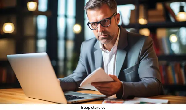 A man in a suit is working on his laptop while reading a document.
