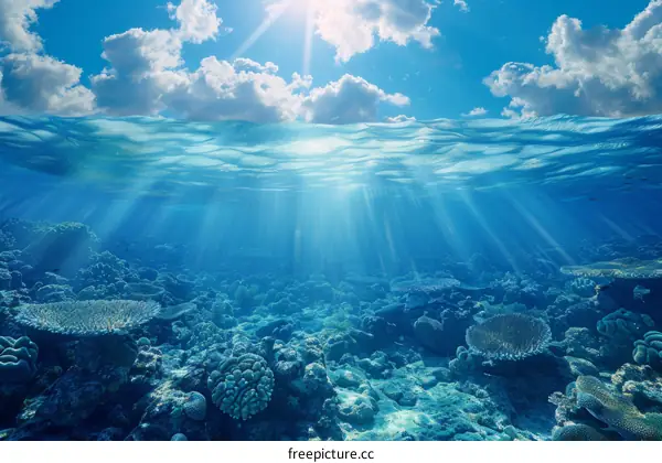 Underwater coral reef scenery with sunlight shining through the water surface