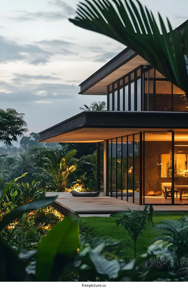 Modern House With Large Windows Overlooking Lush Tropical Garden