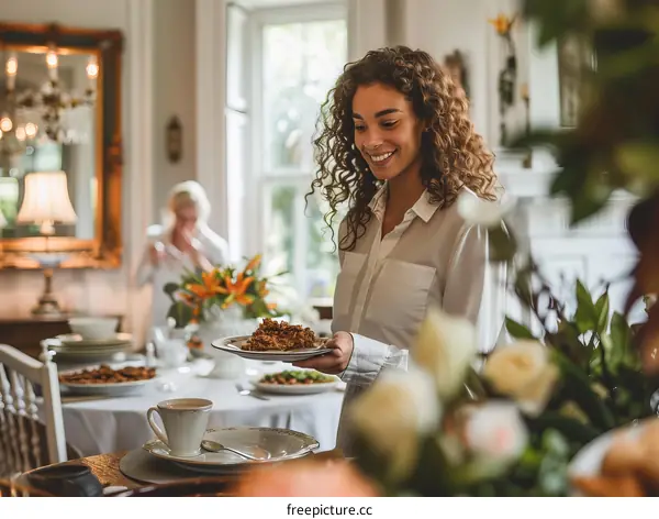 Woman holding a plate of food in a dining room