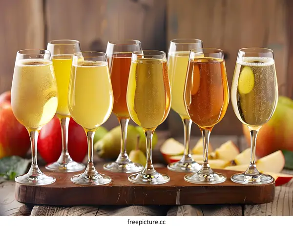 Assortment of Apple Cider in Glasses with Fresh Apples and Pears