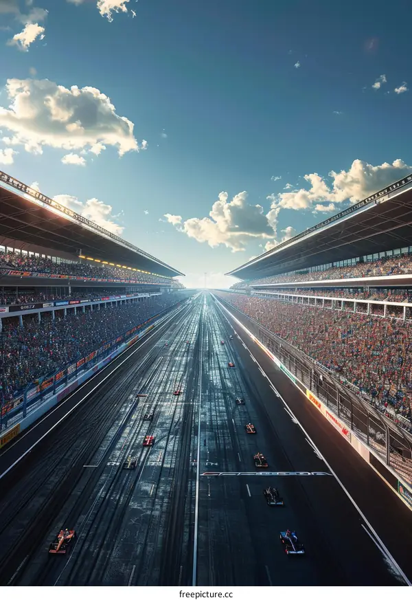 Formula One cars racing down a track with spectators in the stands