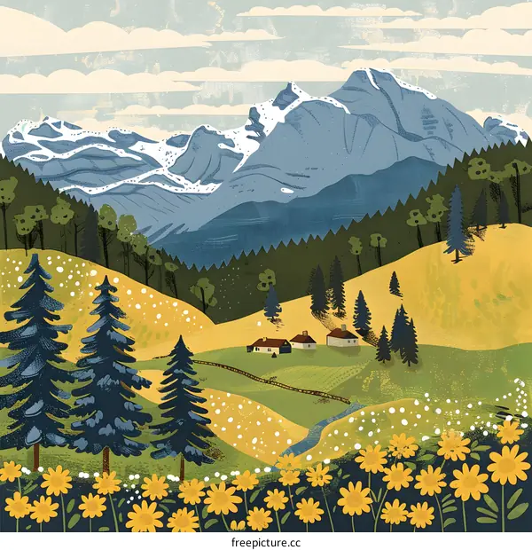 Mountain Landscape with Yellow Flowers