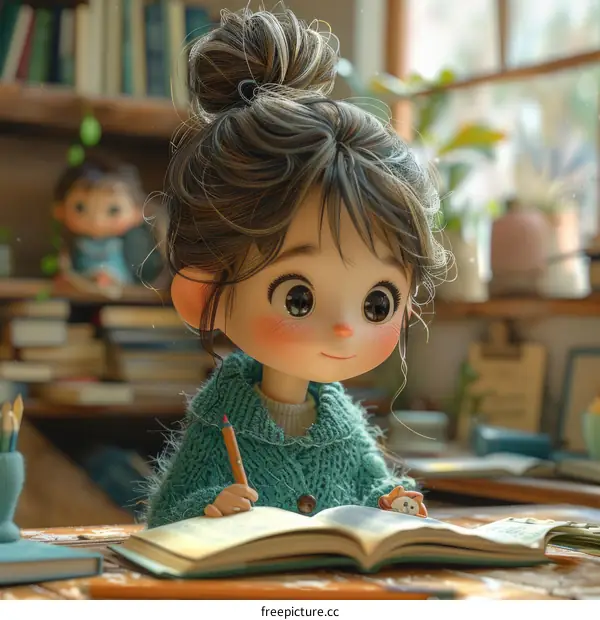 An illustration of a girl studying in a library
