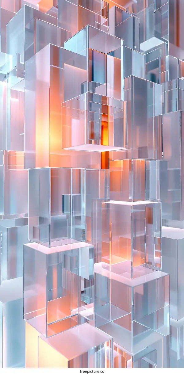 Abstract 3D Rendering of Glass Blocks with Warm Orange Light