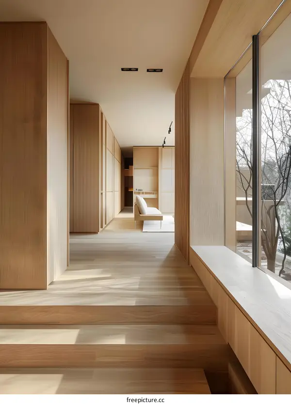 Modern Minimalist Interior Design With Wooden Wall Panels And Large Window