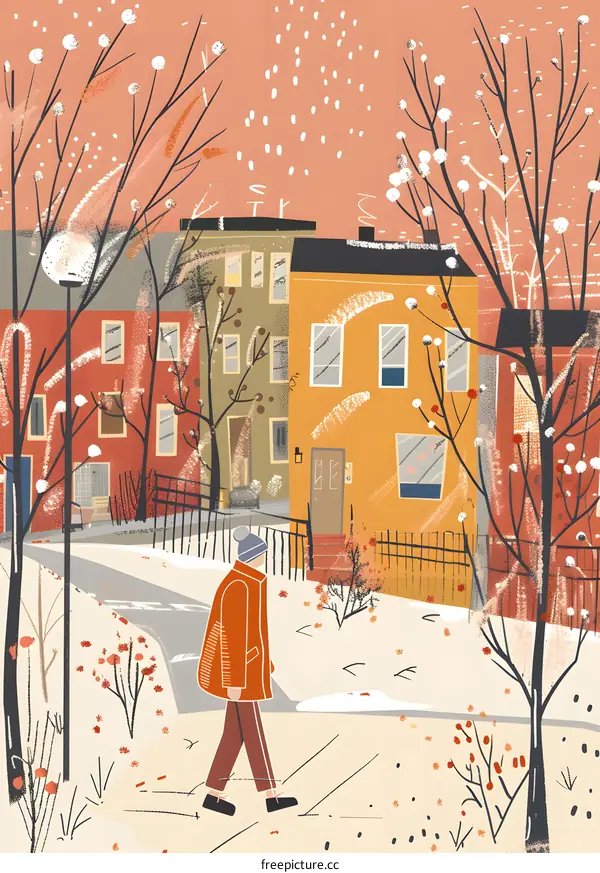 Winter Day Illustration With A Man Walking Through A Snowy Street