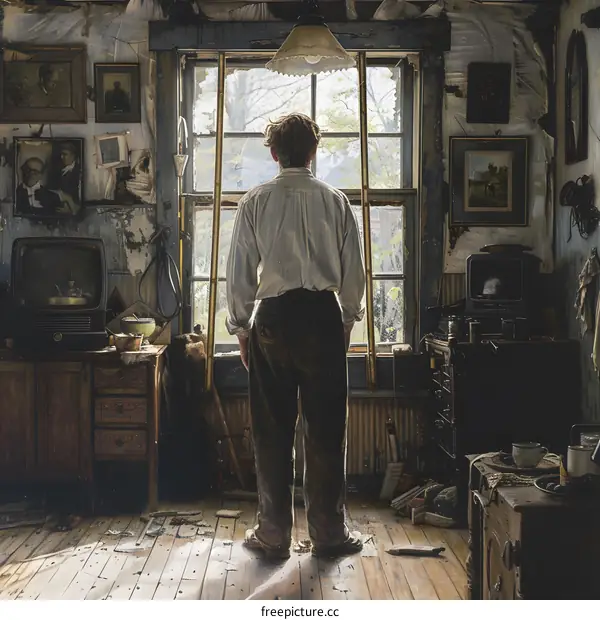 Man looking out window in a cluttered room