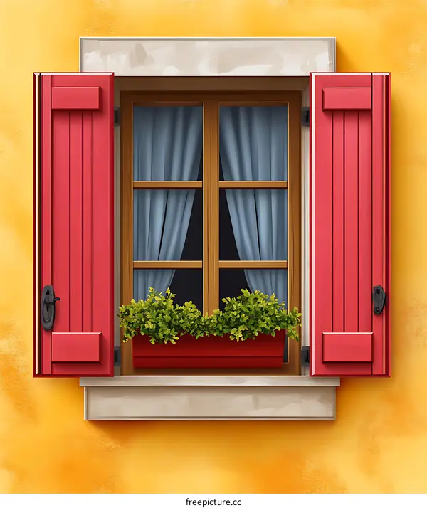 Red Window Shutters on Yellow Wall
