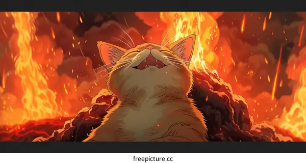 Ginger Cat Laughing Before Erupting Volcano