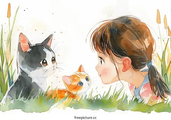 Little girl with two cats in the grass field